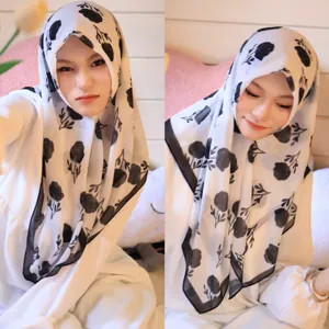 Chic hijab et foulard en mousseline imprime floral noir et blanc pour la mode des femmes