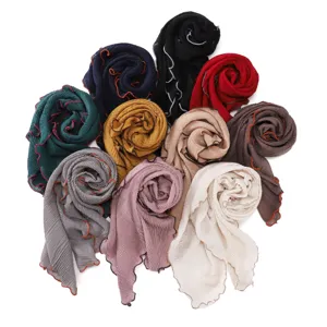 Women's multi-color pleated fashion scarves shawl headscarves set with contrast wavy edge.