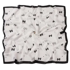 Classic bow print chiffon square scarf, elegant black and white design for women daily wear.