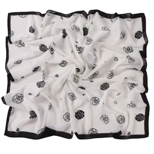 Chic black and white rose print square scarf, lightweight chiffon neckerchief for women.