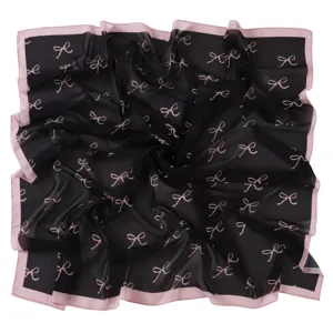 Black and pink bow print square chiffon scarf for women, elegant fashion hair scarf.