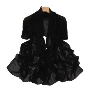 Black sheer mesh rhinestone shawl detail, elegant lightweight cape for summer evening wear.