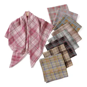 Retro British style plaid large square scarf chiffon shawl and headscarf for women main view.