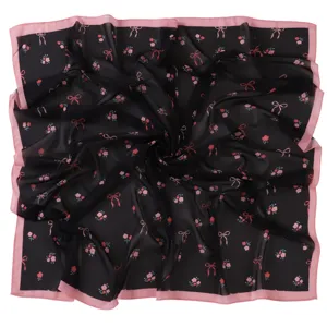 Preppy style bow floral print chiffon square scarf, perfect for neck, hair, or bag accessory.