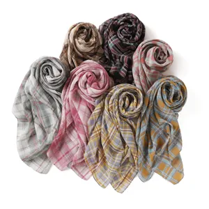 Vintage plaid chiffon square scarf women multi-color fashion headwrap shawl elegant
