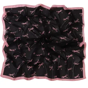 Black chiffon square scarf with pink bow print and border elegant ladies neckerchief accessory