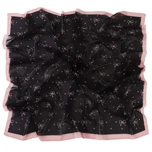 Chic black chiffon square scarf featuring pink bows and heart print, elegant neckerchief.
