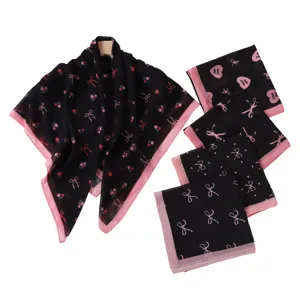 Chic black and pink floral bow print chiffon square scarf and shawl set for women fashion accessory.