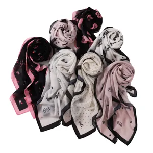 Preppy bow heart print chiffon square scarf headscarf shawl wrap for women daily wear
