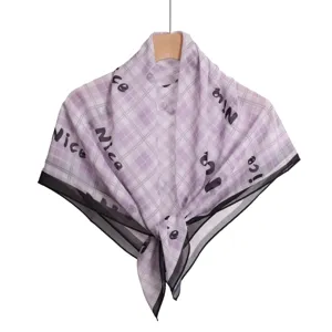 Purple plaid square scarf with chic letter print, lightweight chiffon fabric for women.