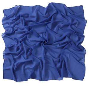 Close-up view of soft blue chiffon fabric texture, delicate lightweight square scarf detail.