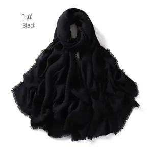 Black cotton linen travel shawl sunscreen fringe solid color scarf hijab wrap stylish