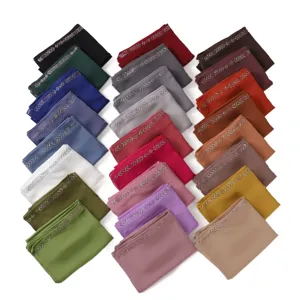 Solid color chiffon hijab with rhinestone chain edge, elegant Muslim headscarf for women daily wear.