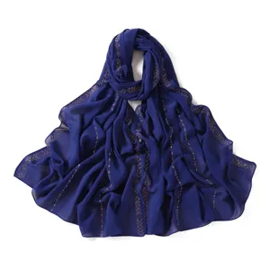 Solid dark blue chiffon hijab with rhinestone chain design, elegant long scarf and shawl for women.