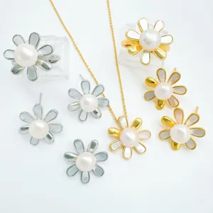 Gold Plated Copper Flower DIY Jewelry Set Components Artificial Pearl Empty Mount Pendant Earrings Open Ring For Women Jewelry Making Supplies