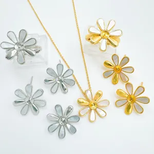 Detail shot of DIY flower jewelry blanks, pendant, earrings and rings in gold and silver.
