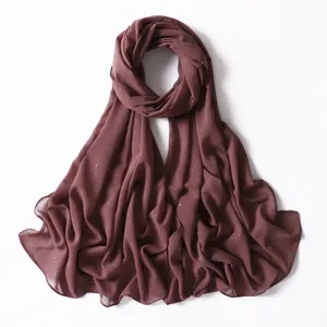 Sciarpa hijab in chiffon tinta unita con brillantini per donna, elegante scialle lungo lucido.