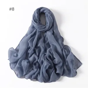 Solid color lightweight polyester long scarf, versatile casual travel shawl, blue grey neck wrap.
