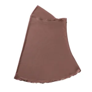 Brown elastic mesh headscarf detail view, lightweight breathable pull-over hijab fabric.