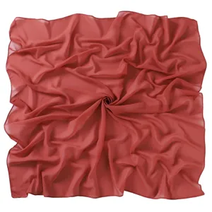 Chiffon square scarf texture detail, soft fabric fold display, solid red headscarf accessory.