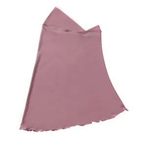 Pink stretch mesh headscarf detail showing soft fabric texture and ruffled edge trim.
