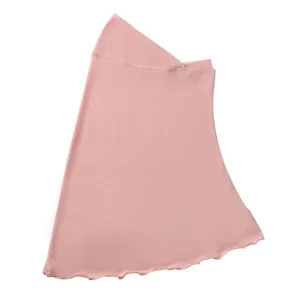 Close-up detail of the pink elastic mesh headscarf showing soft texture and fine stitching.