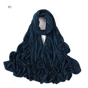 Dark blue modal jersey hijab scarf, soft stretch plain long wrap for Muslim women daily wear.