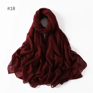Burgundy solid color voile long scarf detail, lightweight polyester fashion shawl.