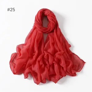 Solid red polyester voile long scarf, lightweight travel photography shawl and daily accessory.