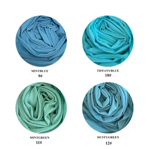 Solid color chiffon hijab color chart showing mint blue, tiffany blue, mint green and dusty green.