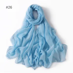 Lightweight solid blue color polyester voile long scarf, simple versatile travel shawl.