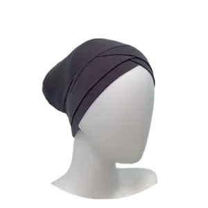 Modal crossover inner hijab cap detail shot, solid dark grey breathable stretch head cover.