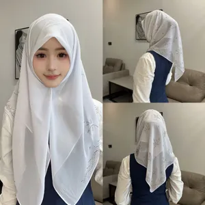 White chiffon hijab scarf featuring delicate crystal hot-drill floral details, multi-angle view.