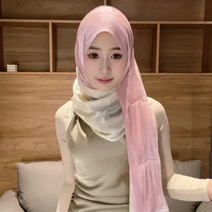 Shimmer gradient satin hijab scarf, soft silk wrap detail showcasing smooth fabric texture.