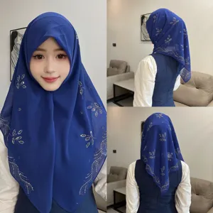 Royal blue chiffon hijab with rhinestone leaf design, elegant Muslim headscarf shawl.