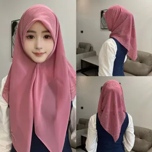 Detailed view of women chiffon rhinestone hijab, multi-angle display showing elegant leaf pattern.