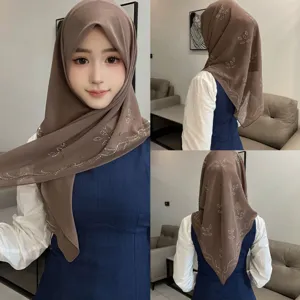 Brown chiffon rhinestone hijab shawl, elegant leaf hotfix crystal headscarf for women.