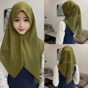 Elegant green chiffon hijab for women with rhinestone leaf decoration, comfortable head wrap.