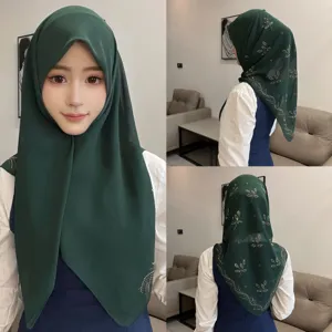 Dark green rhinestone chiffon hijab square scarf elegant crystal head wrap for women
