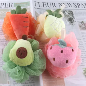 Cute fruit mesh bath sponge shower puff cartoon body scrubber for kids daily bath time.