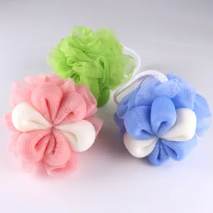 Plum blossom shower ball mesh bath sponge set with hanging loop for daily body cleaning.