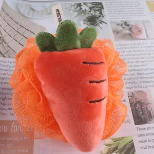 Cute carrot bath sponge loofah for kids and women, soft mesh shower ball with ribbon tag.