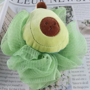 Cute cartoon avocado bath sponge, soft mesh shower ball for kids and women daily cleaning.