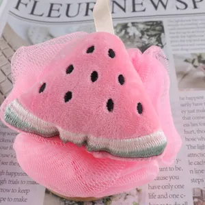 Cute pink watermelon bath sponge soft mesh shower puff with ribbon for kids daily bath cleansing