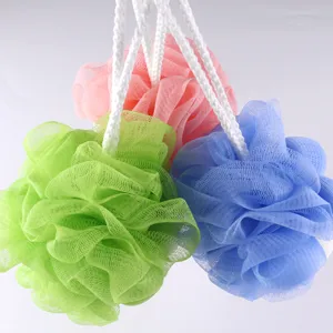 Colorful mesh shower sponge set, soft foaming bath loofah with hanging string for daily cleaning.