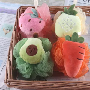Cute fruit plush bath sponge set cartoon shower ball fine mesh children bath pouf basket display