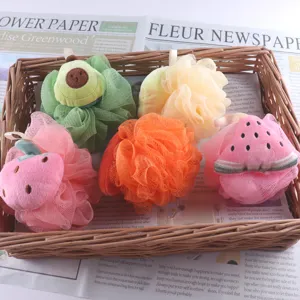 Cute fruit shower sponge details, soft mesh bath ball with adorable cartoon designs.