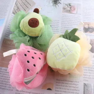 Cute fruit shower sponge bath ball for kids, soft mesh cartoon body scrubber with ribbon.