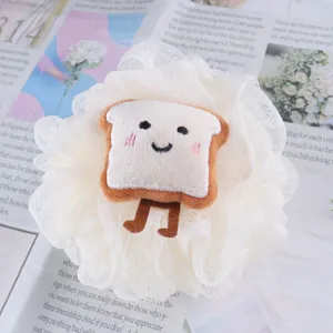 Nahaufnahme eines flauschigen weißen Badeschwamms mit süßem Toast Plüsch Cartoon Aufnäher.
