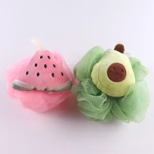 Cute fruit mesh bath sponge set, soft cartoon shower ball for kids and women daily body cleaning.